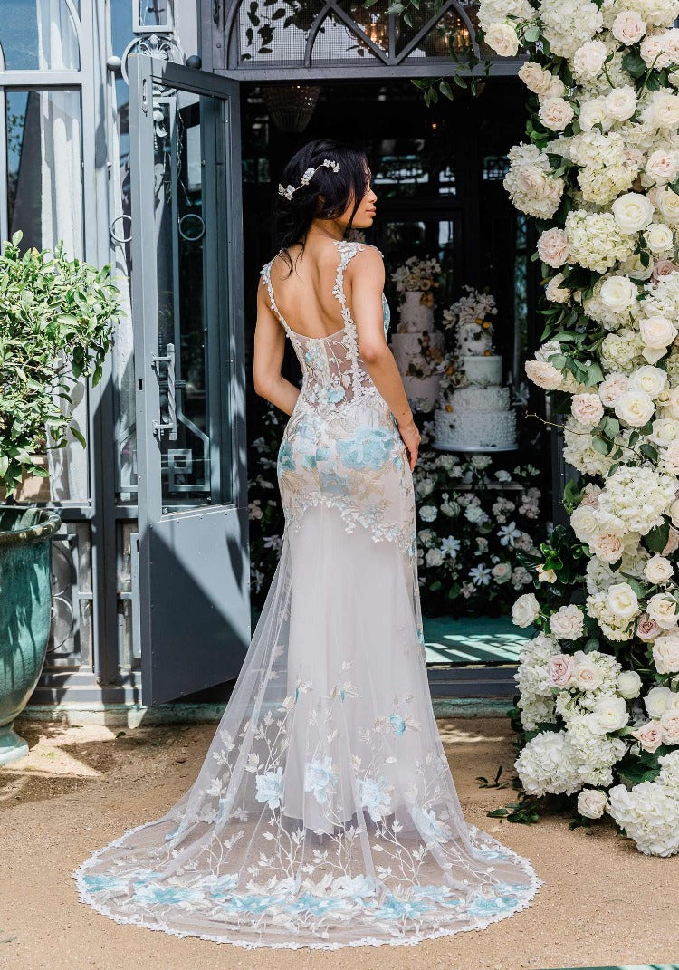 wedding dress with colored flowers